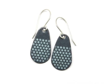 Gray Dangle Earrings with Mint Polka Dots and Sterling Silver Earwires, Enamel Jewelry