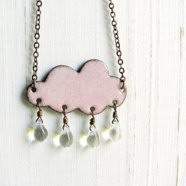 Handmade Pink Cloud Necklace - Enamel On Copper, Glass Raindrops