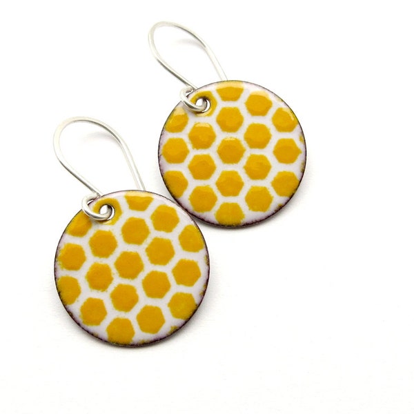 Yellow Honeycomb Earrings - Enamel Earrings - Enamel Jewelry - Yellow Earrings - Yellow Enamel - Honeycomb Jewelry