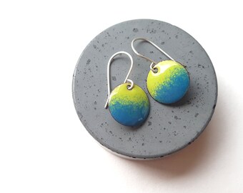 Lime Green and Blue Enamel Earrings, Lightweight Jewelry for Everyday Wear