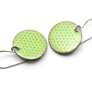 Green Enamel Earrings with Polka Dots and Sterling Silver Earwires