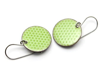 Green Enamel Earrings with Polka Dots and Sterling Silver Earwires