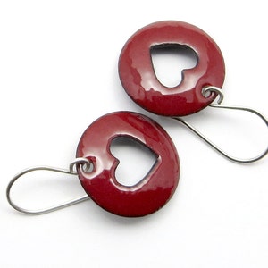 Dark Red Heart Earrings with Sterling Silver Earwires, Lightweight Enamel Earrings image 1