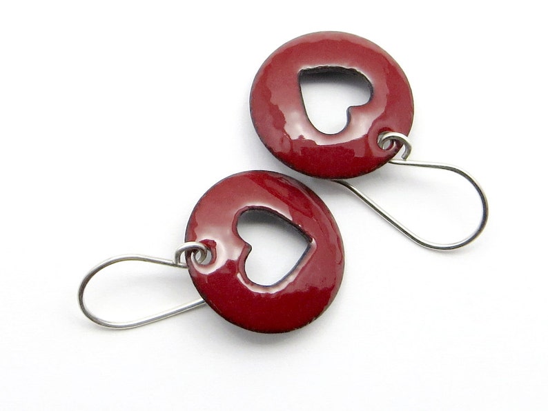 Dark Red Heart Earrings with Sterling Silver Earwires, Lightweight Enamel Earrings image 1