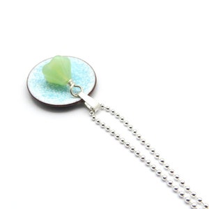 Small Flower Necklace, Blue Pendant with Mint Green Flower Bead on Delicate Sterling Silver Chain image 3