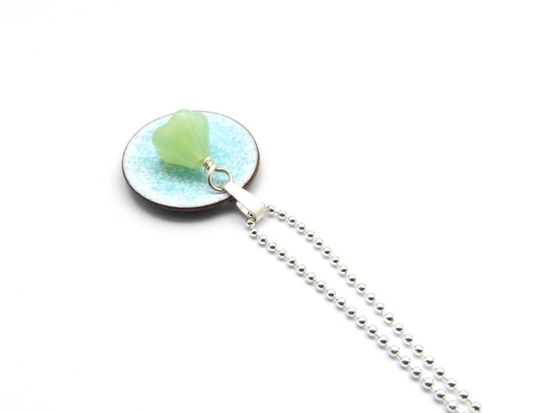 Small Flower Necklace, Blue Pendant with Mint Green Flower Bead on Delicate Sterling Silver Chain image 3