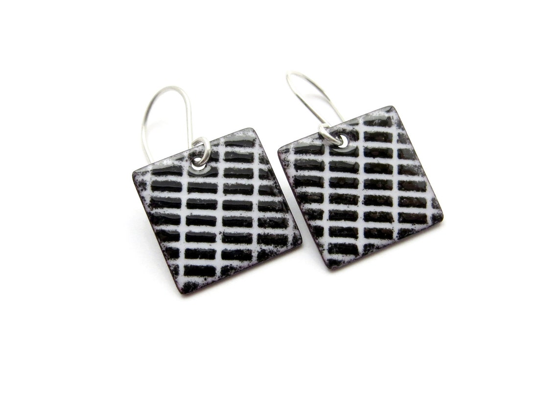 Black and White Square Earrings With Sterling Silver Earwires, Modern