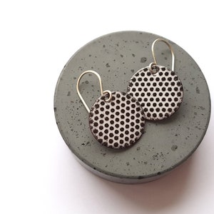 white round enamel earrings with small black polka dots, dangle earrings with sterling silver earwires