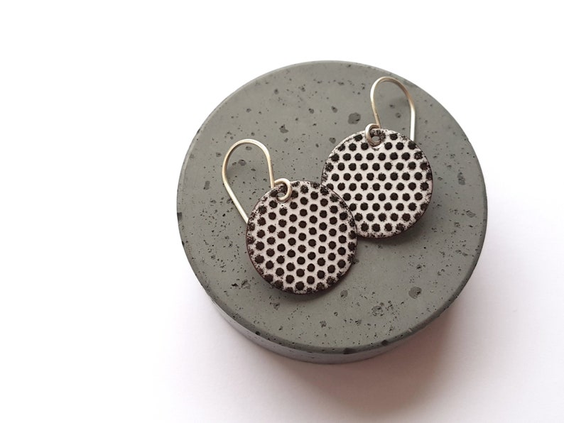 white round enamel earrings with small black polka dots, dangle earrings with sterling silver earwires