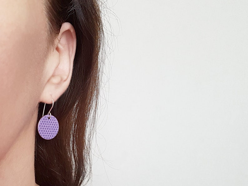 white round enamel earrings with small black polka dots, dangle earrings with sterling silver earwires