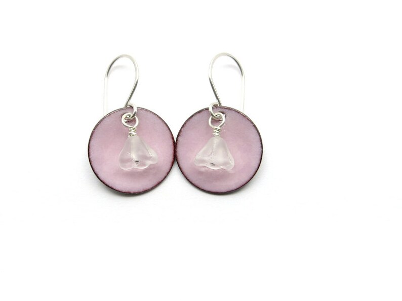 Pink Flower Earrings with Pastel Enamel, Frosted Glass Flowers and Sterling Silver Earwires image 3