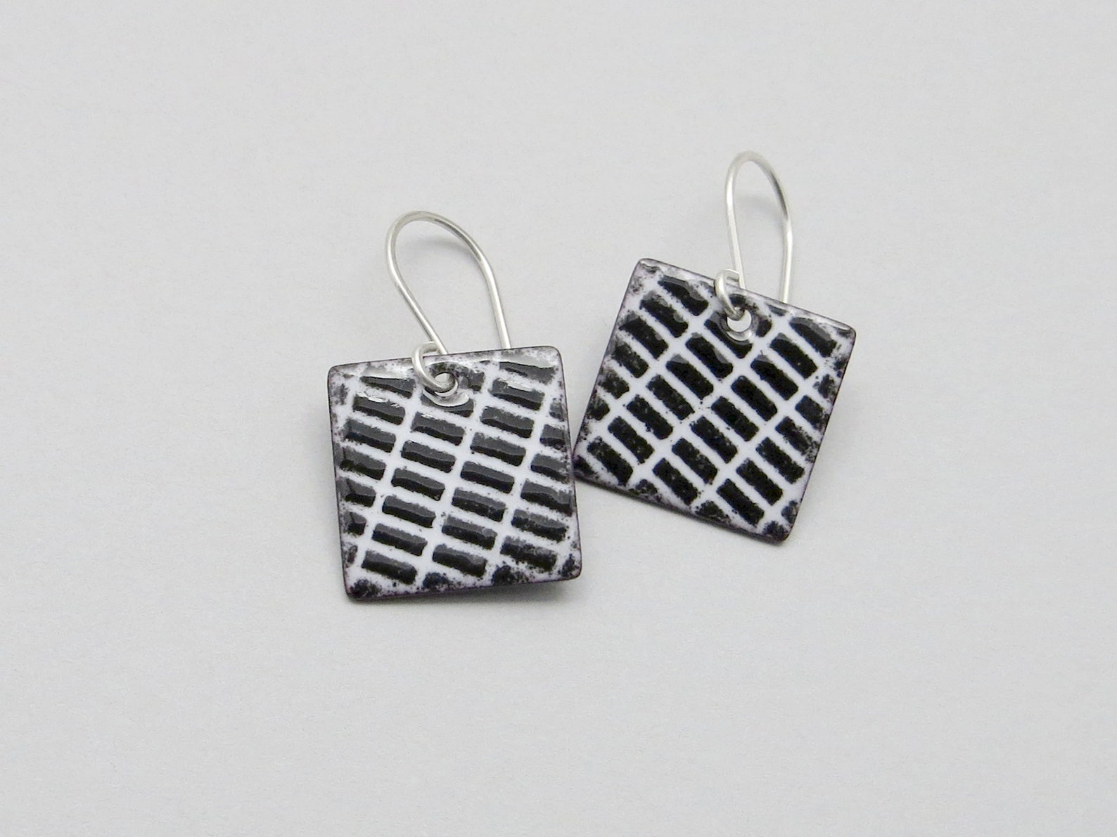 Black and White Square Earrings With Sterling Silver Earwires, Modern