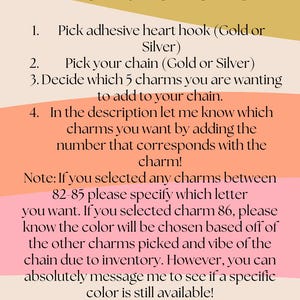 May include: Text on a colorful background explains how to order a custom chain. Instructions include picking a hook, chain, and charms, then specifying charm numbers in the description. A note about charm colors is also included.