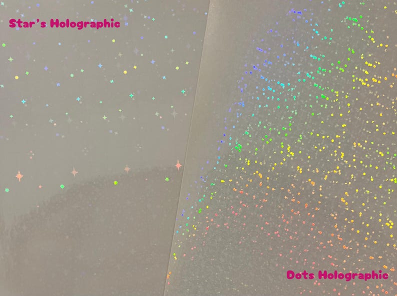 May include: Two sheets of holographic paper, one with a star pattern and the other with a dot pattern. The text "Star's Holographic" is printed on the left sheet and "Dots Holographic" is printed on the right sheet.