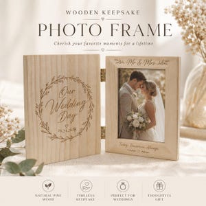 Puede incluir: Un marco de fotos de madera con el texto "Mr & Mrs" y "Today, Tomorrow, Always". El marco contiene una foto de boda. El otro lado del marco tiene el texto "Our Wedding Day" y la fecha 05.24.2025.