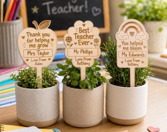 Personalisierter Lehrer-Pflanzeneinsatz, Blumentopfmarkierer aus Holz, Danke, dass Sie mir beim Wachsen helfen, Geschenk zum Schulanfang, Lehrer-Andenken
