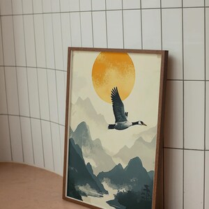 Poster minimalista sole e uccello - Arte murale tramonto - Decorazione murale - Arte murale - Poster