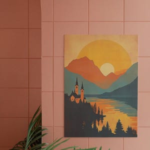 Minimal Gelassener Sonnenuntergang über Berge - Ruhige Landschaftskunst für Zuhause | Wanddekoration - Kunst - Plakat