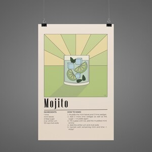 Póster de cóctel mojito - Receta de bebida de menta y lima - Decoración de bar de verano - Impresión de ron refrescante