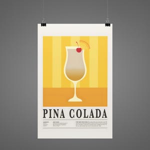Póster de cóctel de piña colada - Arte mural con receta de bebida tropical - Decoración de bar de verano - Impresión de ron con piña