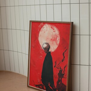 Jujutsu Kaisen Yuji Itadori Silhouette mit rotem Mond Poster | Dramatische Anime Kunst Digitaldruck für Wohnkultur | Einzigartige Anime Wandkunst