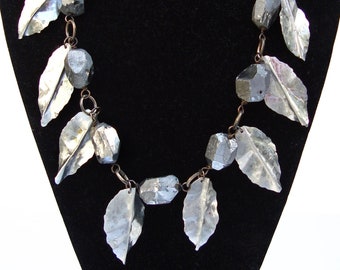 A Chunky Necklace of Silver Titanium Quartz Nuggets and Silver Aluminium Leaves