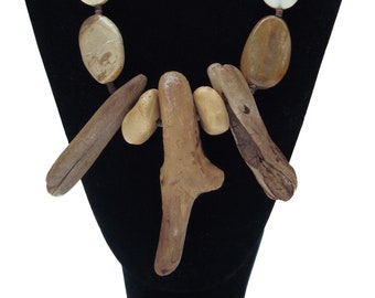 Handmade Original Driftwood, Ceramic and Bone Necklace