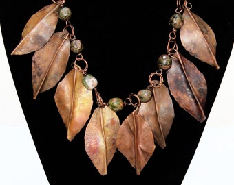 Jasper Statement Necklace with Eight Handmade Copper Falling Leaves