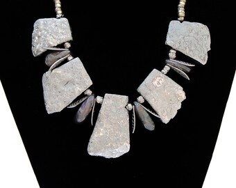 Chunky Silver Quartz and Silver leaves Necklace