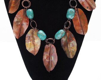 Turquoise Necklace with Handmade Copper Autumn leaves - Ode To Autumn