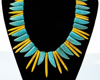 Yellow and Turquoise Howlite Horns and Spikes Necklace