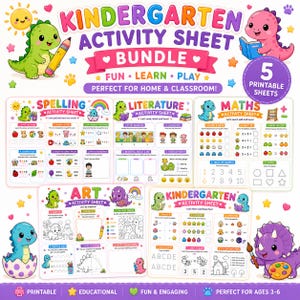 Könnte beinhalten: Ein Kindergarten-Arbeitsblatt-Paket mit fünf druckbaren Seiten und bunten Dinosaurier-Illustrationen. Die Blätter enthalten Übungen zu Rechtschreibung, Literatur, Mathe, Kunst sowie allgemeine Kindergarten-Aufgaben mit Textbeschriftungen.