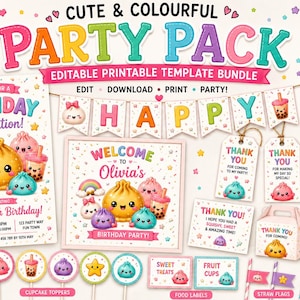 Op de afbeelding: Een printbare feest-sjabloonbundel met kleurrijke cartoon-dumplings en bubble tea-afbeeldingen. Bevat een verjaardagsuitnodiging, welkomstbord, banner, bedankkaartjes, traktatiedoosje, cupcake-toppers, voedseletiketten en rietjesvlaggetjes.