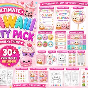 Pack de fiesta de cumpleaños Kawaii Squishy / Más de 30 imprimibles, invitación editable, decoraciones y juegos