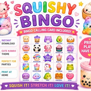 May include: A Squishy Bingo game sheet featuring a grid of colorful kawaii-style illustrations including a toast, boba, cat, avocado, dumpling, donut, panda, axolotl, squish cup, paw pad, chick, mushroom, milk tea, narwhal, bear, unicorn, ice cream, frog, macaron, cloud, dino, pancakes, and heart.