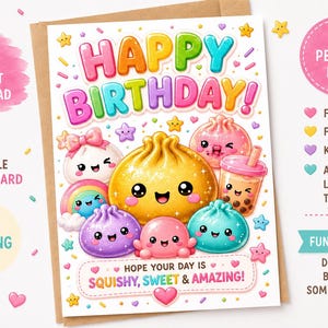 Może przedstawiać: Kartka urodzinowa do druku z napisem HAPPY BIRTHDAY oraz HOPE YOUR DAY IS SQUISHY, SWEET & AMAZING! Na kartce znajdują się kolorowe, uśmiechnięte pierożki w stylu kreskówkowym, herbata boba i tęcza, ozdobione małymi gwiazdkami i posypką.