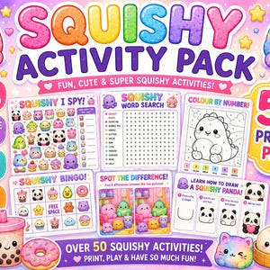 May include: A digital Squishy Activity Pack featuring over 50 printable pages with colorful graphics of cute characters. Includes I Spy, word search, color by number, bingo, spot the difference, and drawing tutorials with text in a rainbow theme.