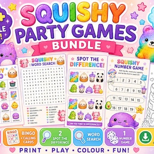 Squishy Party Games Bundle | 20+ Printable Kids Birthday Games | Bingo, Colouring Pages, Word Search