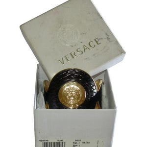 Versace Gold Medusa Head and Black Leather Large Cuff Bracelet. Vintage Versace  2009 Collection. Never Worn. Excellent Condition. Boxed.