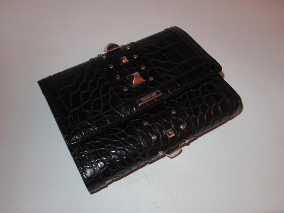 Versace Silver Studded Black Embossed Leather Wal… - image 2