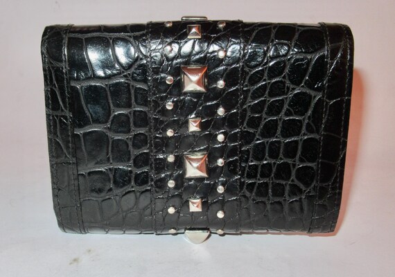 Versace Silver Studded Black Embossed Leather Wal… - image 9