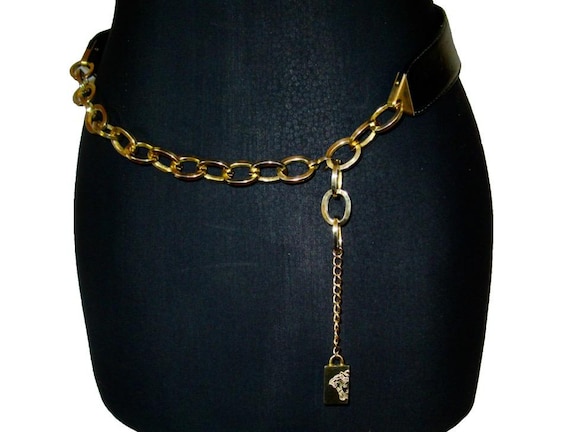 Gianni Versace Gold Medusa Head Chain and Leather Belt 