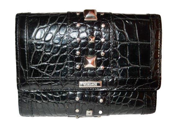 Versace Silver Studded Black Embossed Leather Wal… - image 1