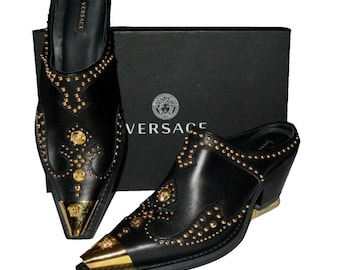 Versace Gold Medusa Head Studded Mules. Versace Resort 2020. Photo shoot Order. Size U.S. 7. Sold Out Worldwide. Retailed at 1600 Dollars.