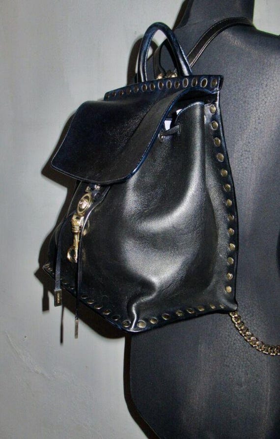Versace Gold Medusa Head Studded Black Leather Backpack  display picture 3