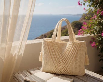 knitted macrame yarn bag, cream color casual bag, crochet shoulder bag,