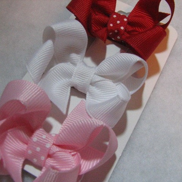 Red, Pink and White Trio Hairbow Clippie Set for Infant Toddler Girl