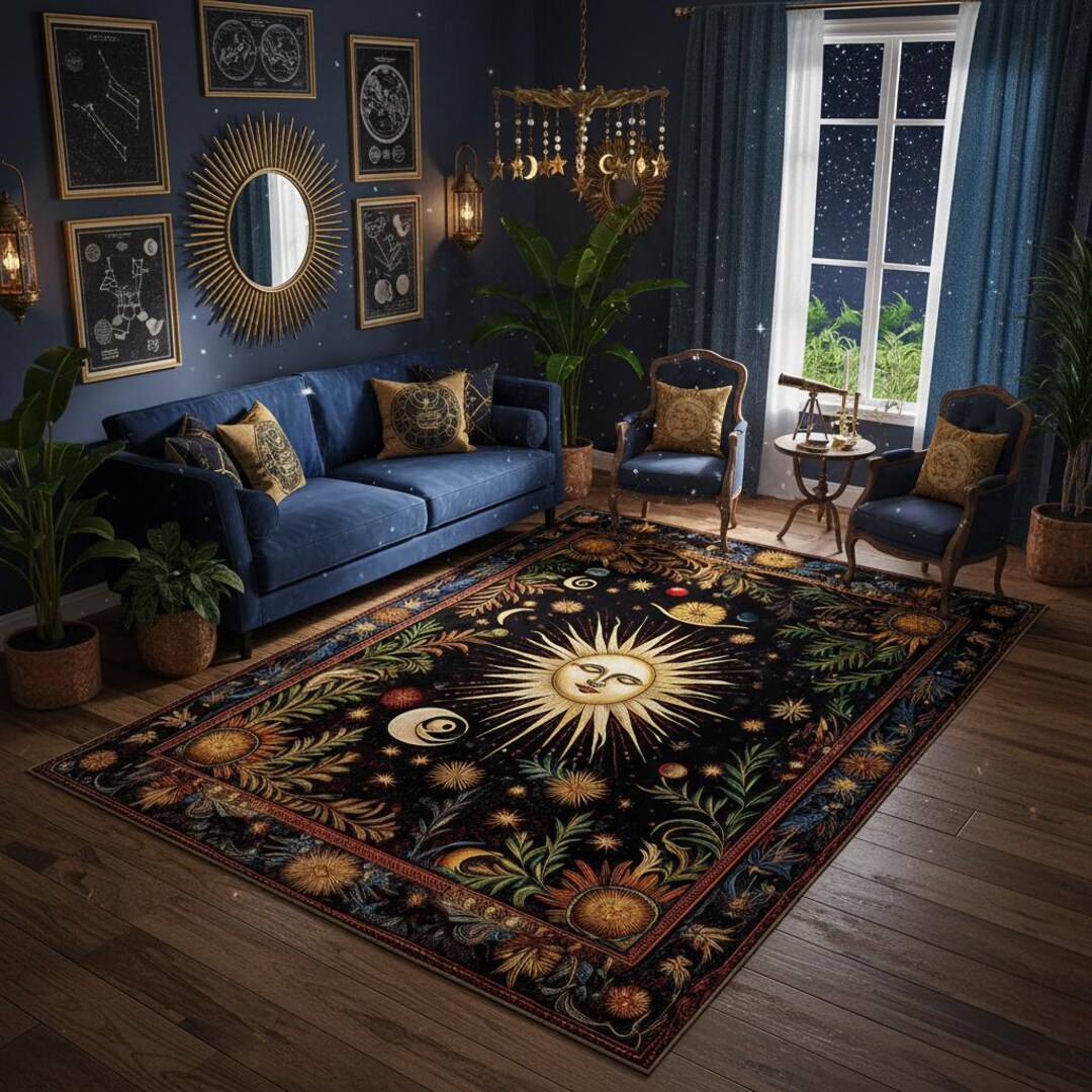 Astrological Rug Celestial Sun and Moon Rug, Mystical Bohemian Decor, Gold Astrology ...