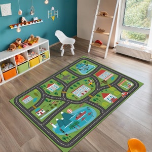 Kid stadskaart verkeerstapijt, stadsweg kindvriendelijk tapijt, verkeersauto wegenkaart tapijt, kinderkamer vloermat, verjaardagscadeau, tapijt kinderkamer