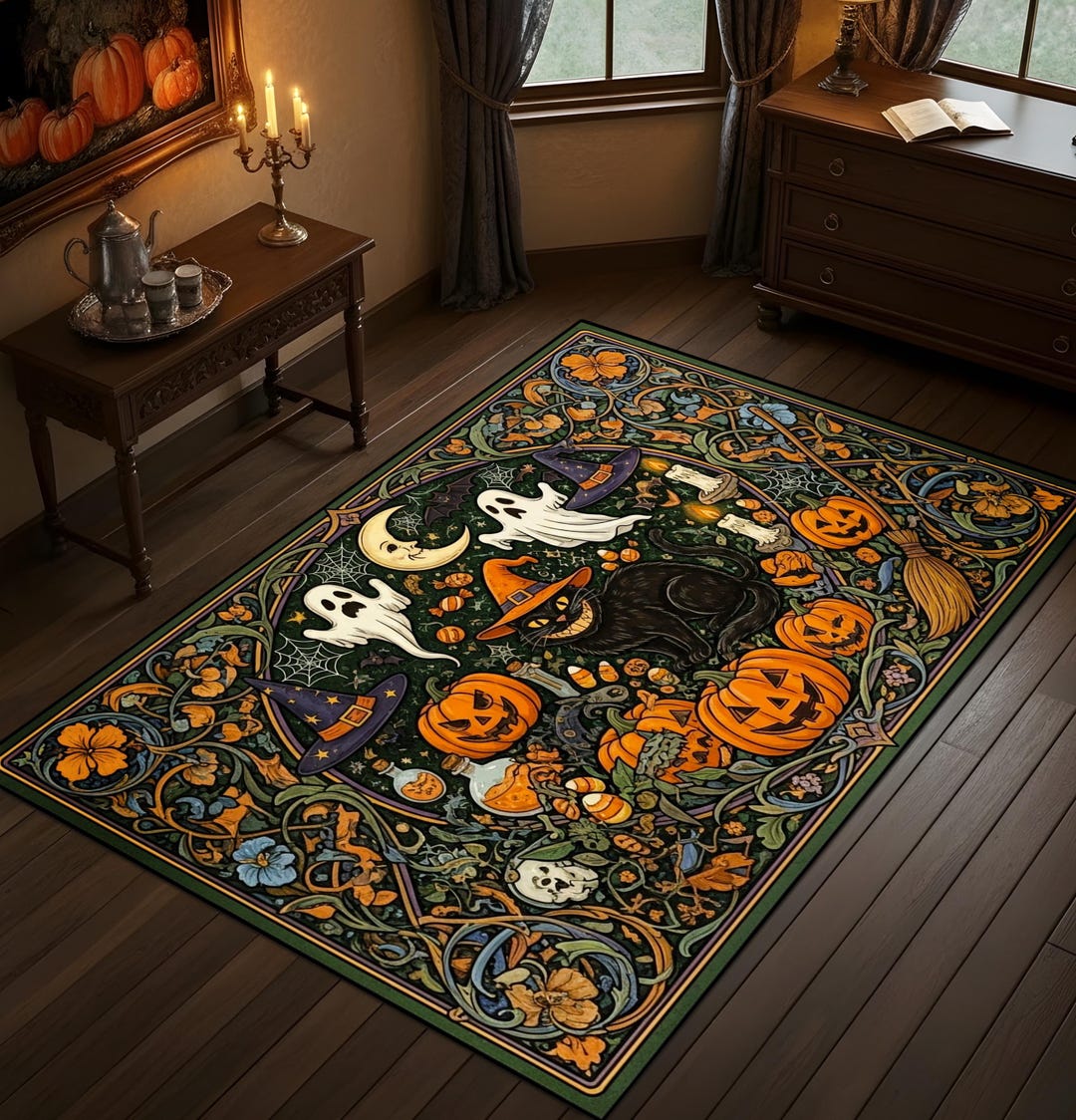 Halloween Rug With Ghosts, Pumpkins, Black Cat and Witch Hat Design ...